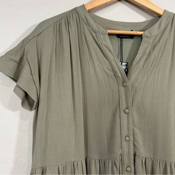 Mikarose Sage Green Tiered Midi Dress Large Rayon Short Sleeve Button Front NWT - Picture 3 of 9